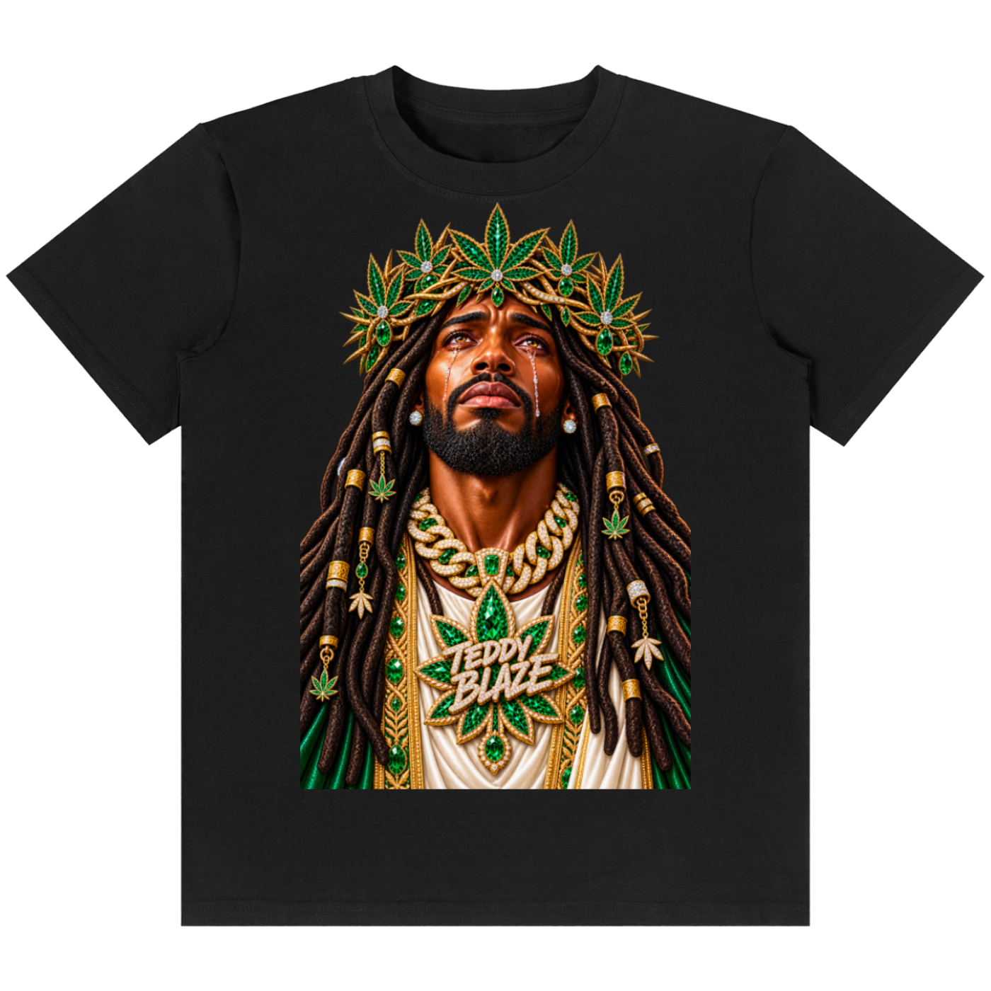 A black short-sleeve crewneck t-shirt featuring a large graphic print of a man with dreadlocks wearing a green and gold crown and jewelry, with the text 'TEPPY BLAZE' on the chest.