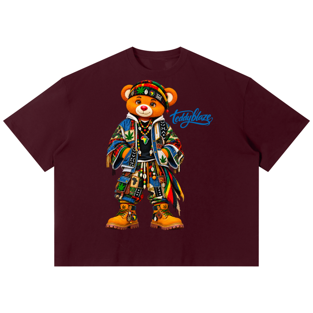 Shop the Teddy Blaze Boho Boxy Tee. 220 GSM cotton-poly oversized drop-shoulder t-shirt with boho bear graphic from TOPS BY TEDDY BLAZE.