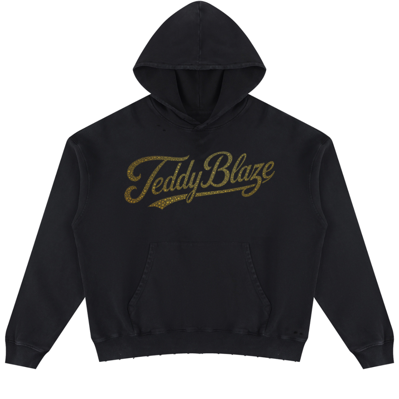 A black pullover hoodie with 'Teddy Blaze' printed across the chest in a textured gold script, displayed on a clean white background.