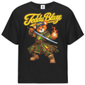 A black short-sleeve t-shirt featuring a large graphic of a teddy bear in green and gold traditional attire holding a sword, with 'Teddy Blaze' written in yellow script across the chest.