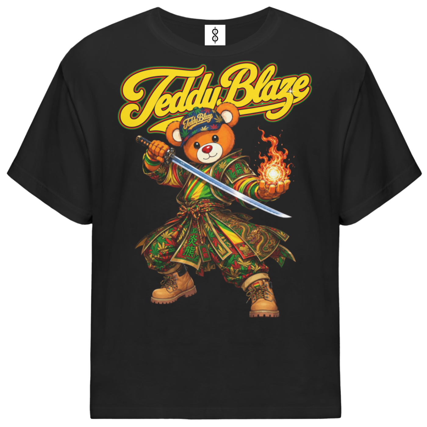 A black short-sleeve t-shirt featuring a large graphic of a teddy bear in green and gold traditional attire holding a sword, with 'Teddy Blaze' written in yellow script across the chest.