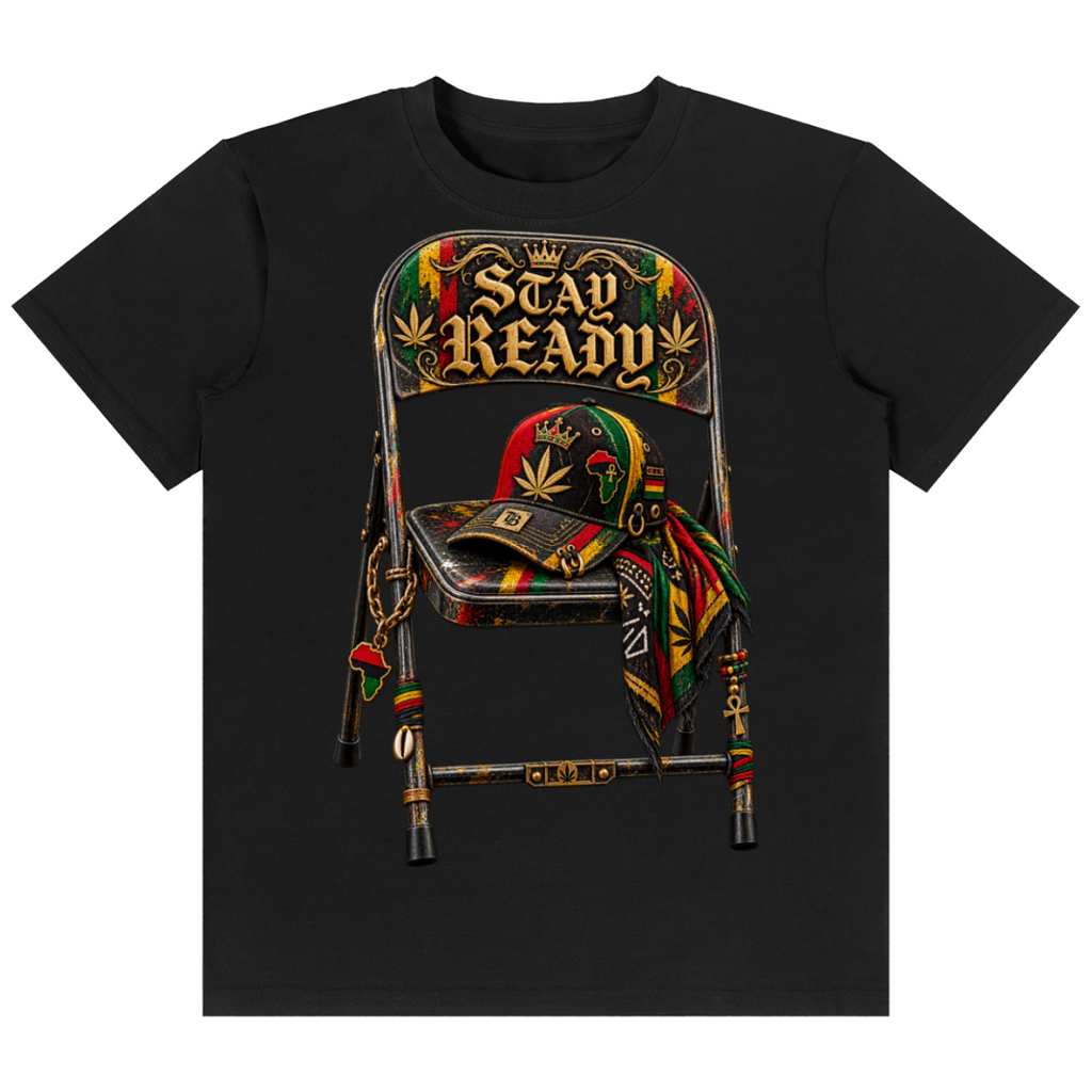 Shop the Chairteenth Classic Tee by Teddy Blaze. 180 GSM cotton-spandex stretch tee featuring an iconic "Stay Ready" folding chair graphic from the TOPS line of The Mature Mocha Collection.