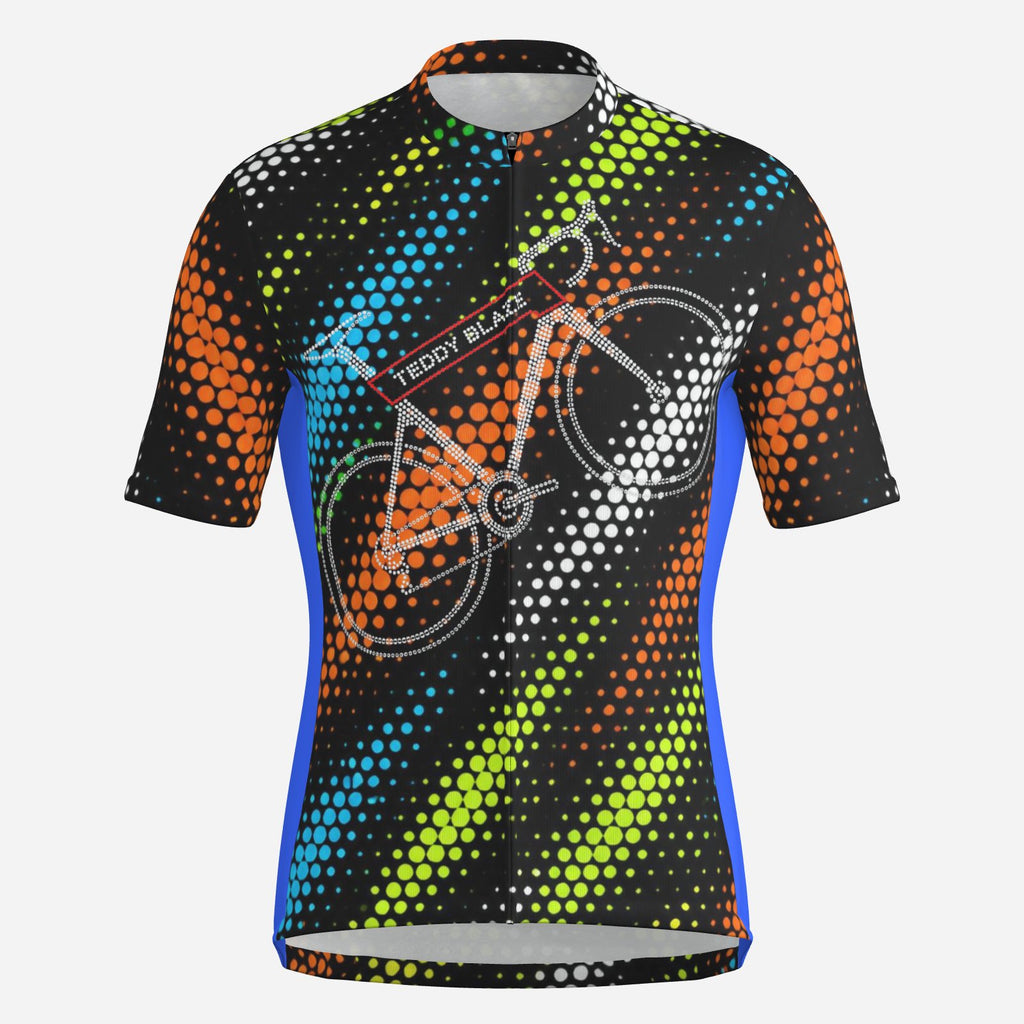 Shop the Changing Lanes Cycling Jersey by Teddy Blaze. Double-knit performance zip jersey featuring halftone speed graphics and rear cycling pockets.