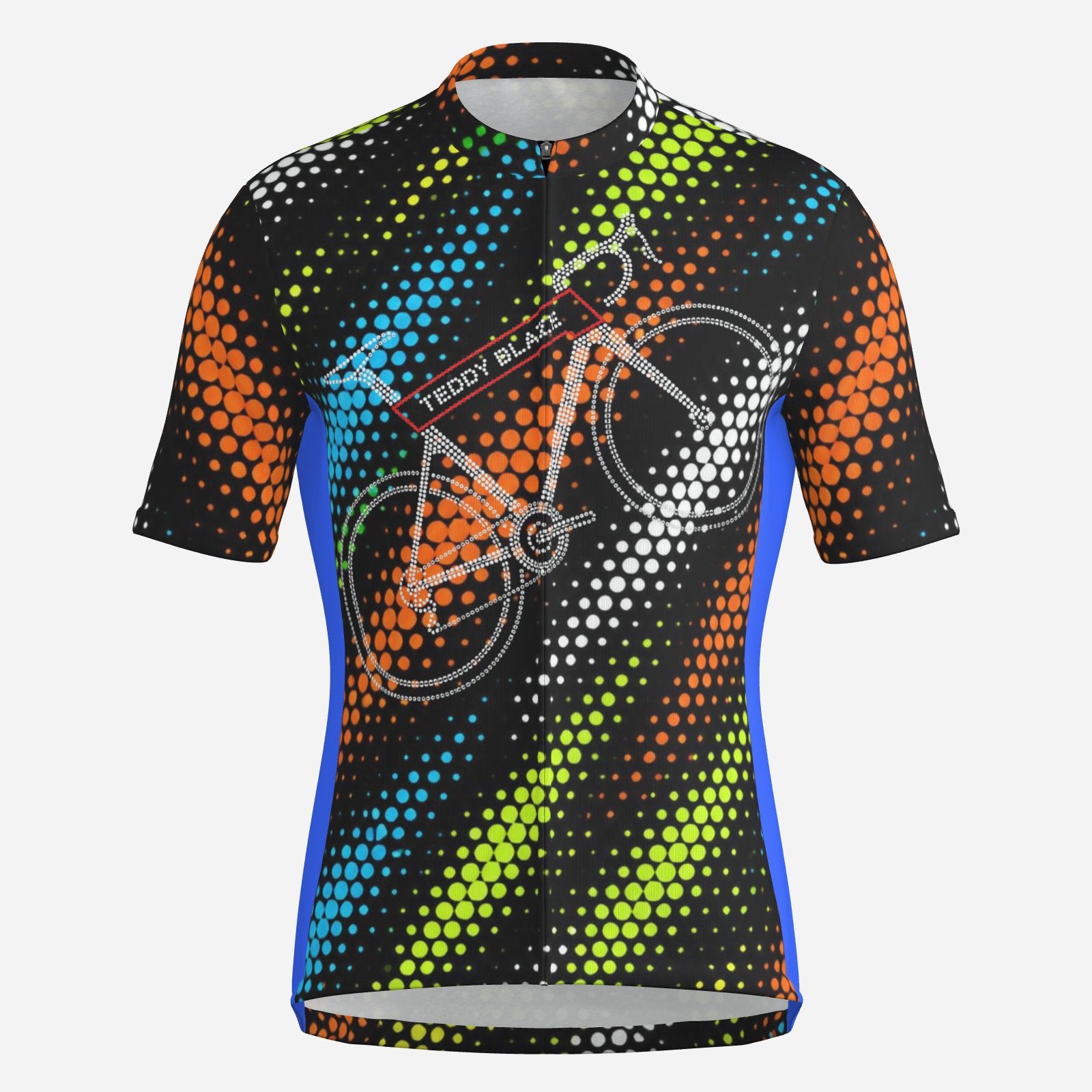 Shop the Changing Lanes Cycling Jersey by Teddy Blaze. Double-knit performance zip jersey featuring halftone speed graphics and rear cycling pockets.