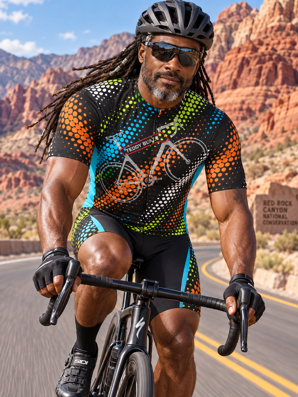 Shop the Changing Lanes Cycling Jersey by Teddy Blaze. High-performance aerodynamic knit featuring vibrant halftone dot artwork and a full front zip.