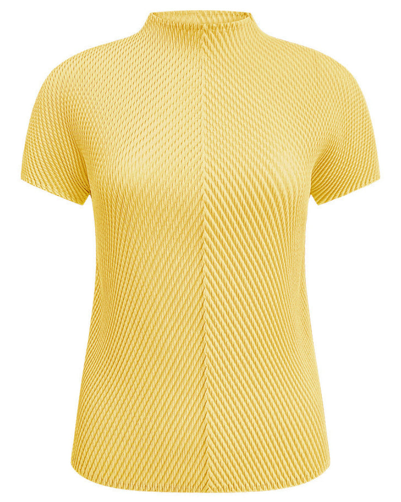 Shop the Iron + Ivy Chevron Pleated High-Neck Tee by Teddy Blaze. Women’s fitted butter yellow short-sleeve top featuring architectural chevron micro-pleating.