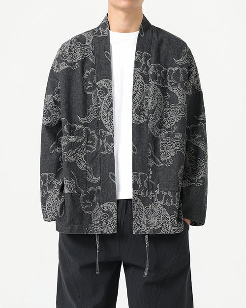 Shop the Highland Cloud & Dragon Haori Jacket by Teddy Blaze. Loose-fit 100% cotton open-front kimono jacket with dragon artwork and wrinkle-free finish.