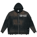 Elevate your distressed outerwear with the House of Teddy Blaze Collateral Damage Zip Hoodie. Vintage black 760 gsm pure cotton, sun-faded wash, distressed ripped details, zip front, and gothic "No More Wars" back graphic. Shop NYC to Vegas style.