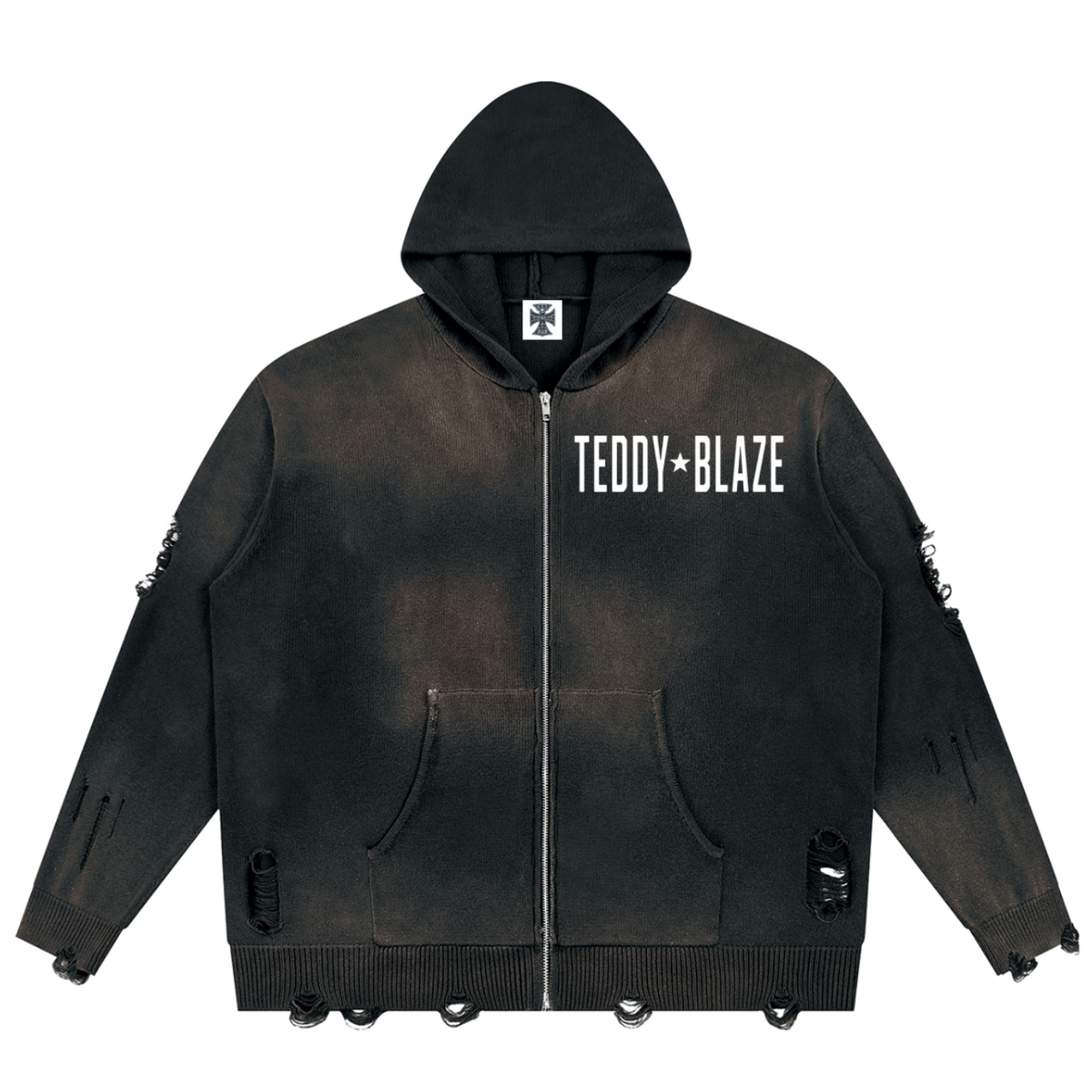 Elevate your distressed outerwear with the House of Teddy Blaze Collateral Damage Zip Hoodie. Vintage black 760 gsm pure cotton, sun-faded wash, distressed ripped details, zip front, and gothic "No More Wars" back graphic. Shop NYC to Vegas style.