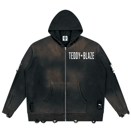 Elevate your distressed outerwear with the House of Teddy Blaze Collateral Damage Zip Hoodie. Vintage black 760 gsm pure cotton, sun-faded wash, distressed ripped details, zip front, and gothic "No More Wars" back graphic. Shop NYC to Vegas style.