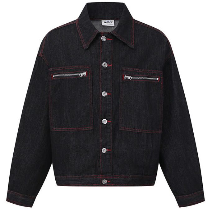 Shop the Contrast Stitch Washed Denim Workwear Jacket by Teddy Blaze. Oversized black denim jacket featuring red topstitching and zipper chest pockets.
