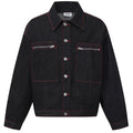 Shop the Contrast Stitch Washed Denim Workwear Jacket by Teddy Blaze. Oversized black denim jacket featuring red topstitching and zipper chest pockets.