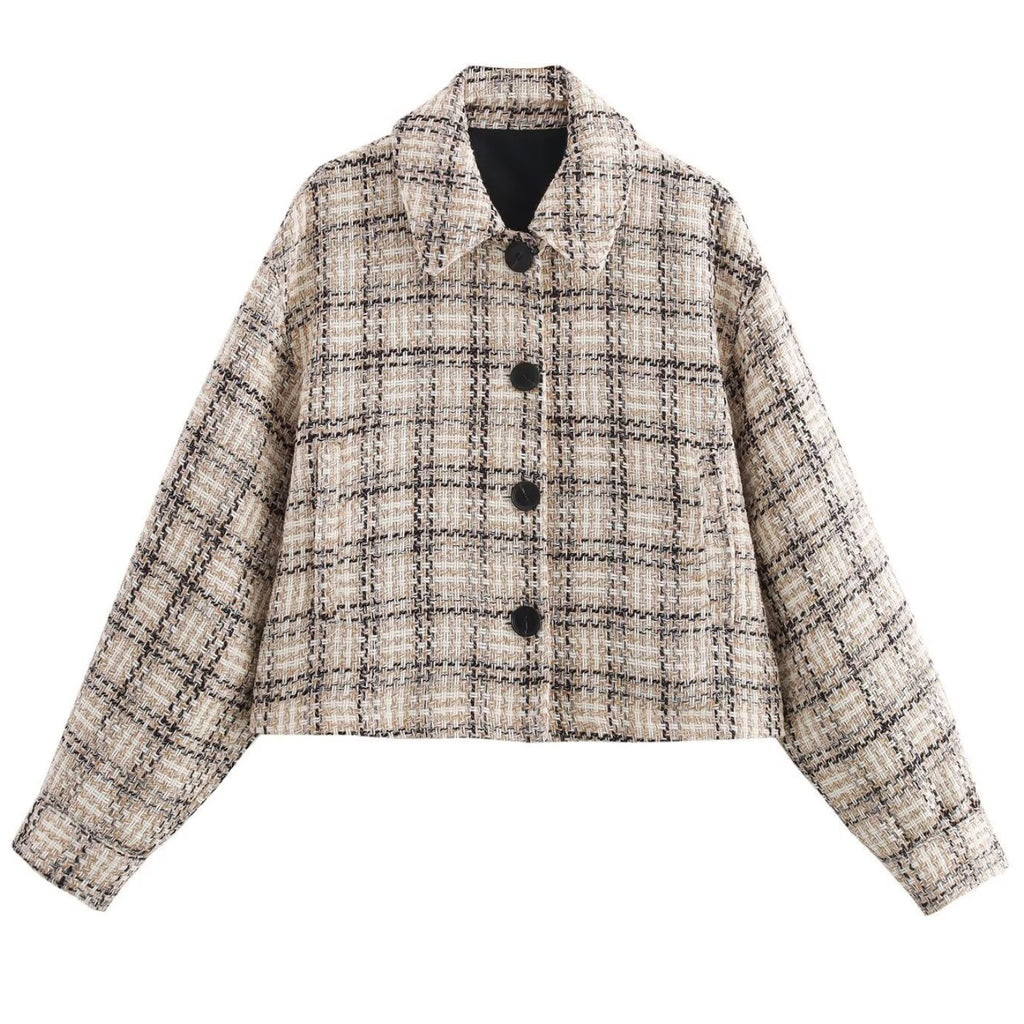 Shop the Iron + Ivy Cropped Tweed Plaid Boxy Jacket by Teddy Blaze. Women’s oversized beige plaid tweed jacket with a turn-down collar and horn button closures.