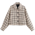 Shop the Iron + Ivy Cropped Tweed Plaid Boxy Jacket by Teddy Blaze. Women’s oversized beige plaid tweed jacket with a turn-down collar and horn button closures.