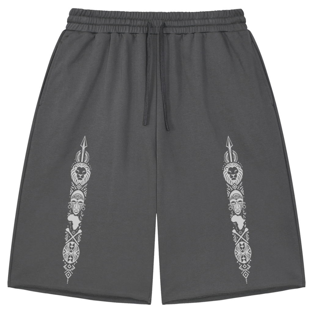 Heavyweight loose-fit charcoal shorts featuring Teddy Blaze Afrodemia Americana artwork, DaCruz detailing, drawstring waist and raw-edge streetwear styling.