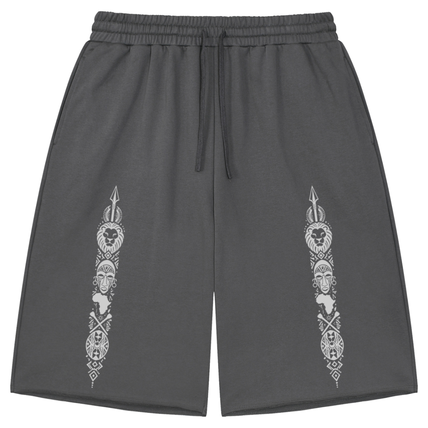 Heavyweight loose-fit charcoal shorts featuring Teddy Blaze Afrodemia Americana artwork, DaCruz detailing, drawstring waist and raw-edge streetwear styling.
