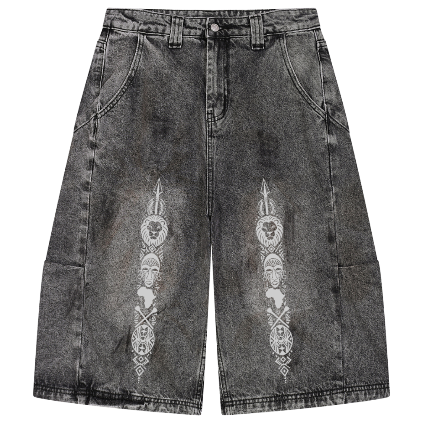 Heavyweight vintage-wash denim jorts from Teddy Blaze featuring a relaxed long silhouette, Afrodemia iconography and signature DaCruz detailing