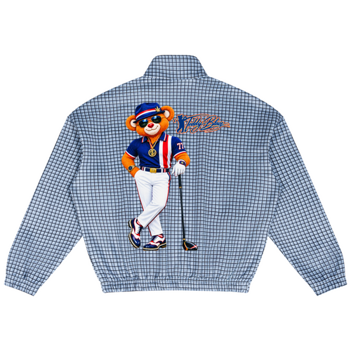 Shop the Signature Mr. Blaze Gingham Quarter-Zip Jumper by Teddy Blaze. 360 GSM blue micro-gingham jumper with mascot back art from TEDDY FORE!.