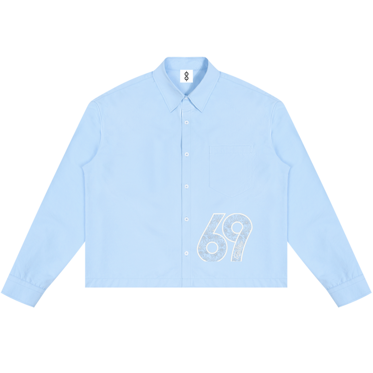 A light blue long-sleeve button-up shirt with a white distressed graphic of the number '69' on the lower right front, displayed flat against a solid white background.