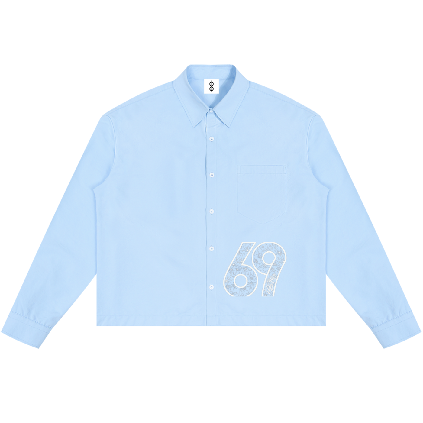 A light blue long-sleeve button-up shirt with a white distressed graphic of the number '69' on the lower right front, displayed flat against a solid white background.