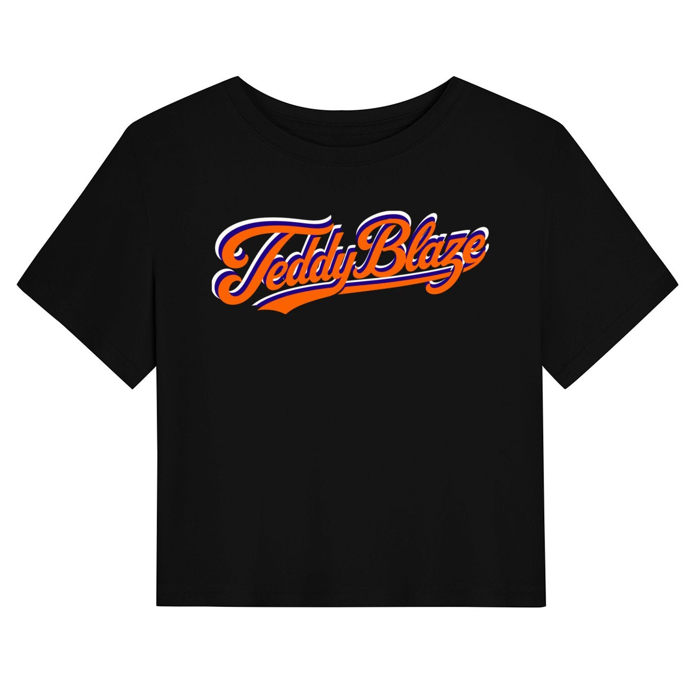 A black short-sleeve crop top t-shirt featuring a stylized 'Teddy Blaze' logo printed across the chest in orange and white script.
