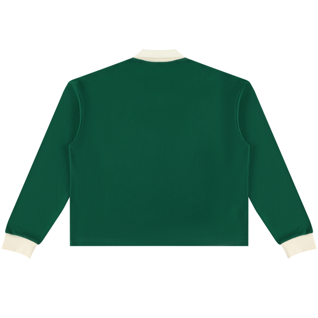 Shop the Iron + Ivy RIGBY Contrast Trim Long Golf Shirt by Teddy Blaze. Heavyweight 320 GSM forest green cotton-poly polo sweatshirt featuring ivory contrast trim and the RIGBY bear crest.