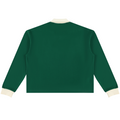 Shop the Iron + Ivy RIGBY Contrast Trim Long Golf Shirt by Teddy Blaze. Heavyweight 320 GSM forest green cotton-poly polo sweatshirt featuring ivory contrast trim and the RIGBY bear crest.