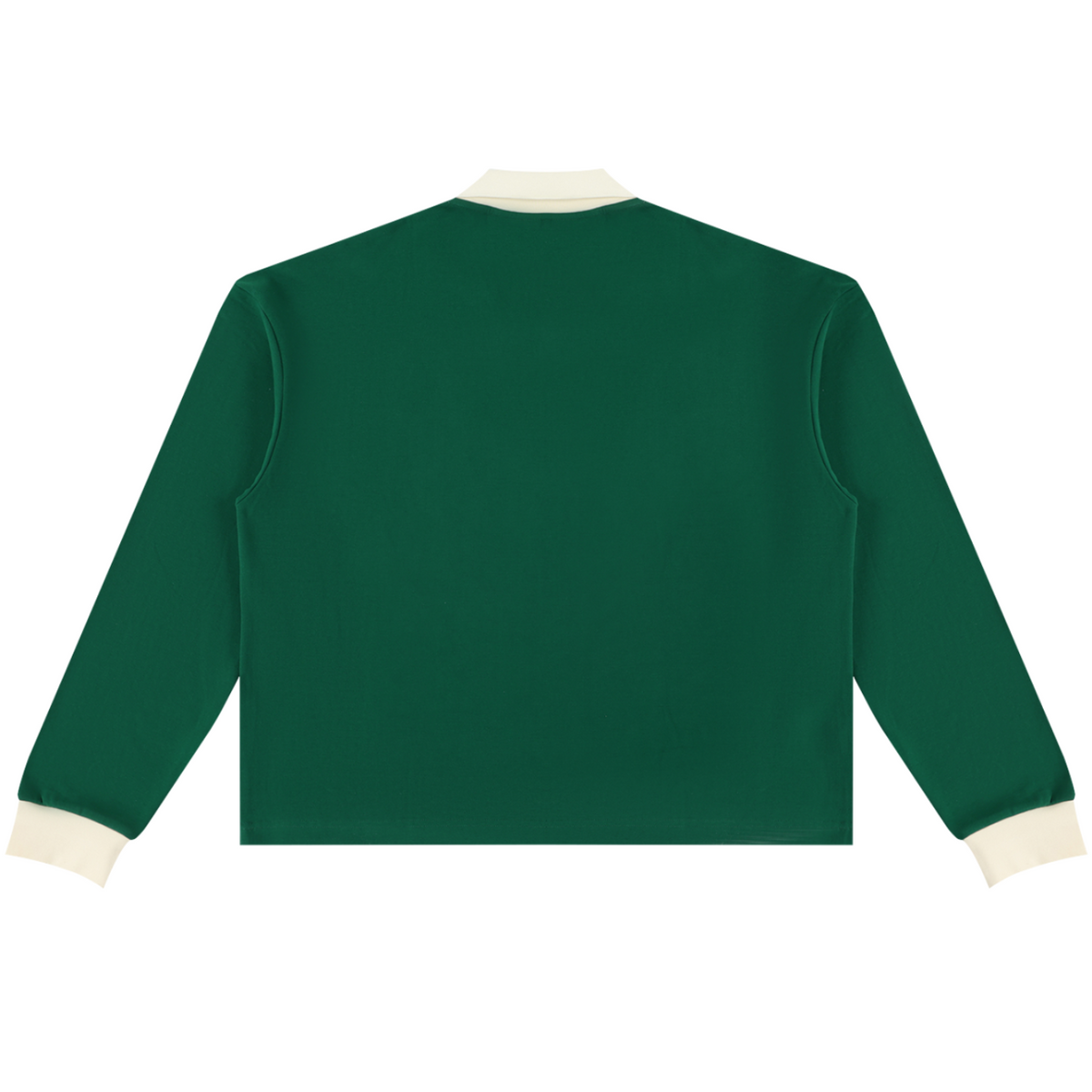 Shop the Iron + Ivy RIGBY Contrast Trim Long Golf Shirt by Teddy Blaze. Heavyweight 320 GSM forest green cotton-poly polo sweatshirt featuring ivory contrast trim and the RIGBY bear crest.