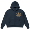 A navy blue zip-up hoodie with a gold leaf embellishment on the left chest, displayed against a solid white background.