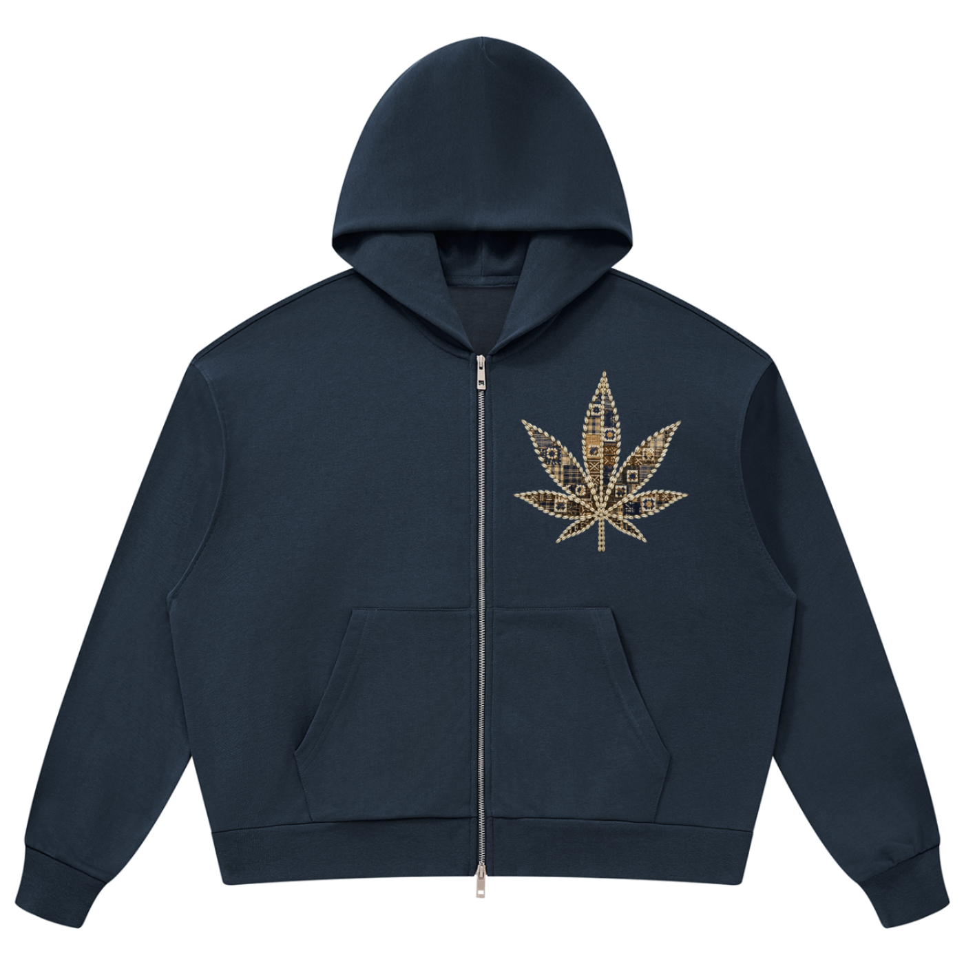 A navy blue zip-up hoodie with a gold leaf embellishment on the left chest, displayed against a solid white background.