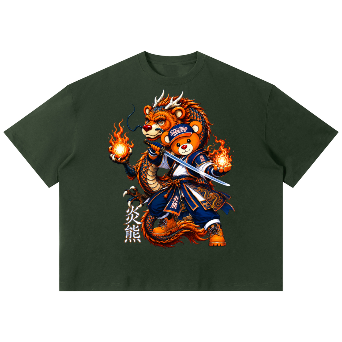 Shop the Team Dragon Boxy Tee by Teddy Blaze. 220 GSM cotton-poly oversized drop-shoulder t-shirt with samurai dragon graphic from TOPS BY TEDDY BLAZE.