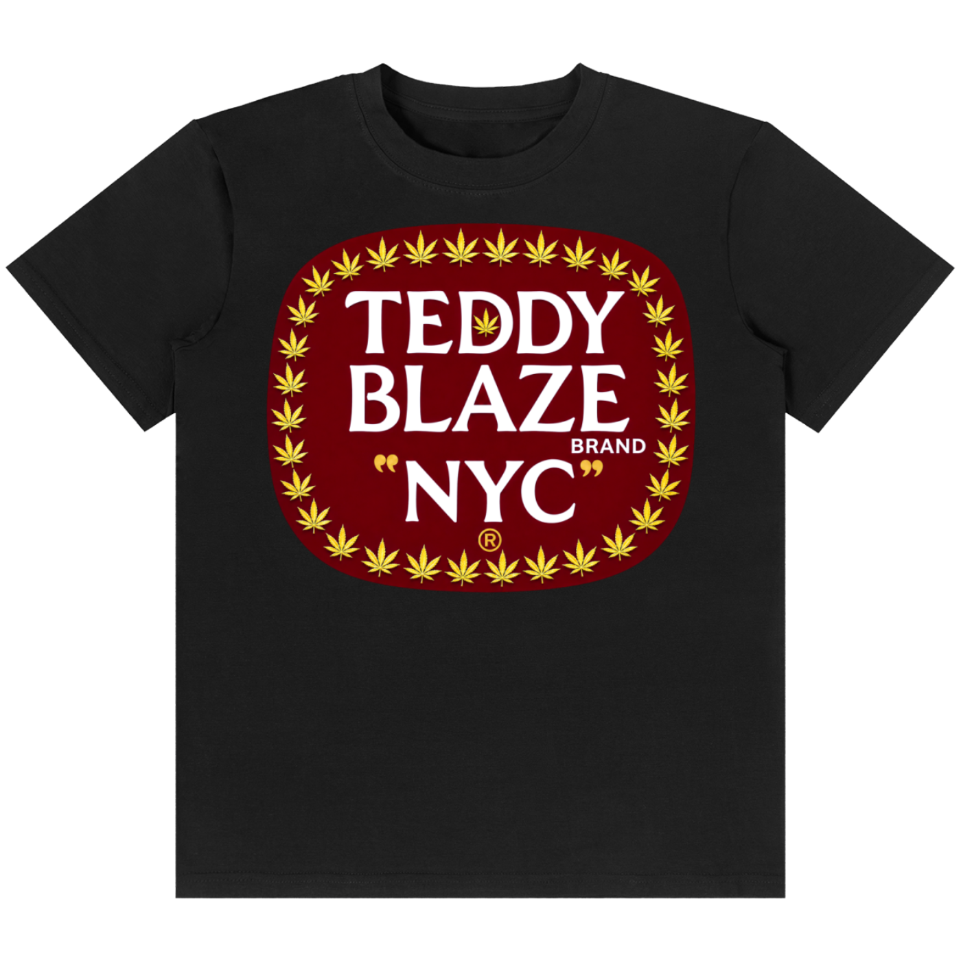 A black short-sleeve crewneck t-shirt featuring a large graphic on the chest. The graphic displays a red rounded rectangle with a border of yellow cannabis leaves, containing the text 'TEDDY BLAZE BRAND NYC' in white.