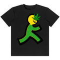 A black short-sleeve crewneck t-shirt featuring a graphic of a running stick figure with a yellow head, green body, and a green cannabis leaf on its head, set against a plain white background.