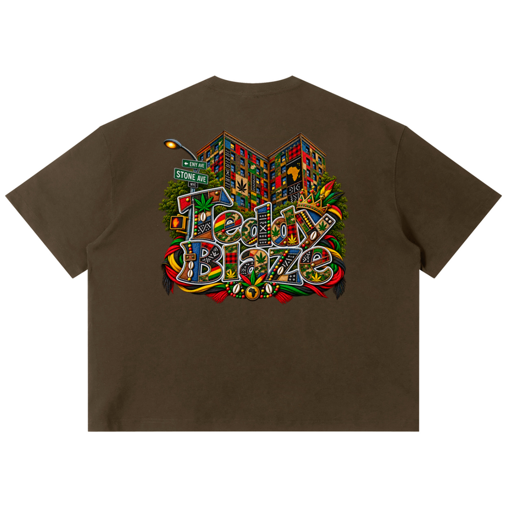 Shop the Teddy Blaze Boho ENY Sorona Boxy Tee, a relaxed unisex graphic tee featuring Teddy Blaze Boho and Brooklyn-inspired ENY artwork.