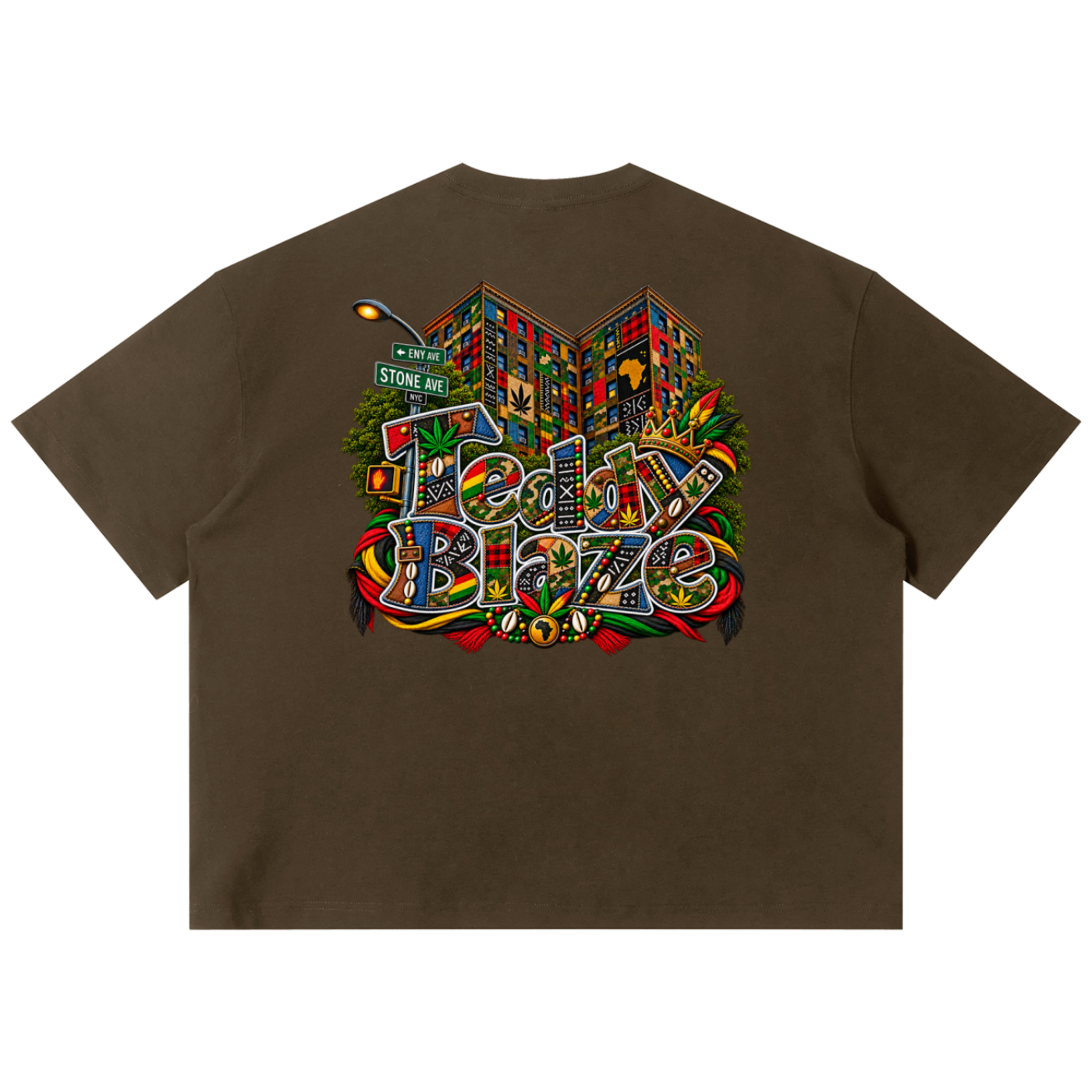 Shop the Teddy Blaze Boho ENY Sorona Boxy Tee, a relaxed unisex graphic tee featuring Teddy Blaze Boho and Brooklyn-inspired ENY artwork.