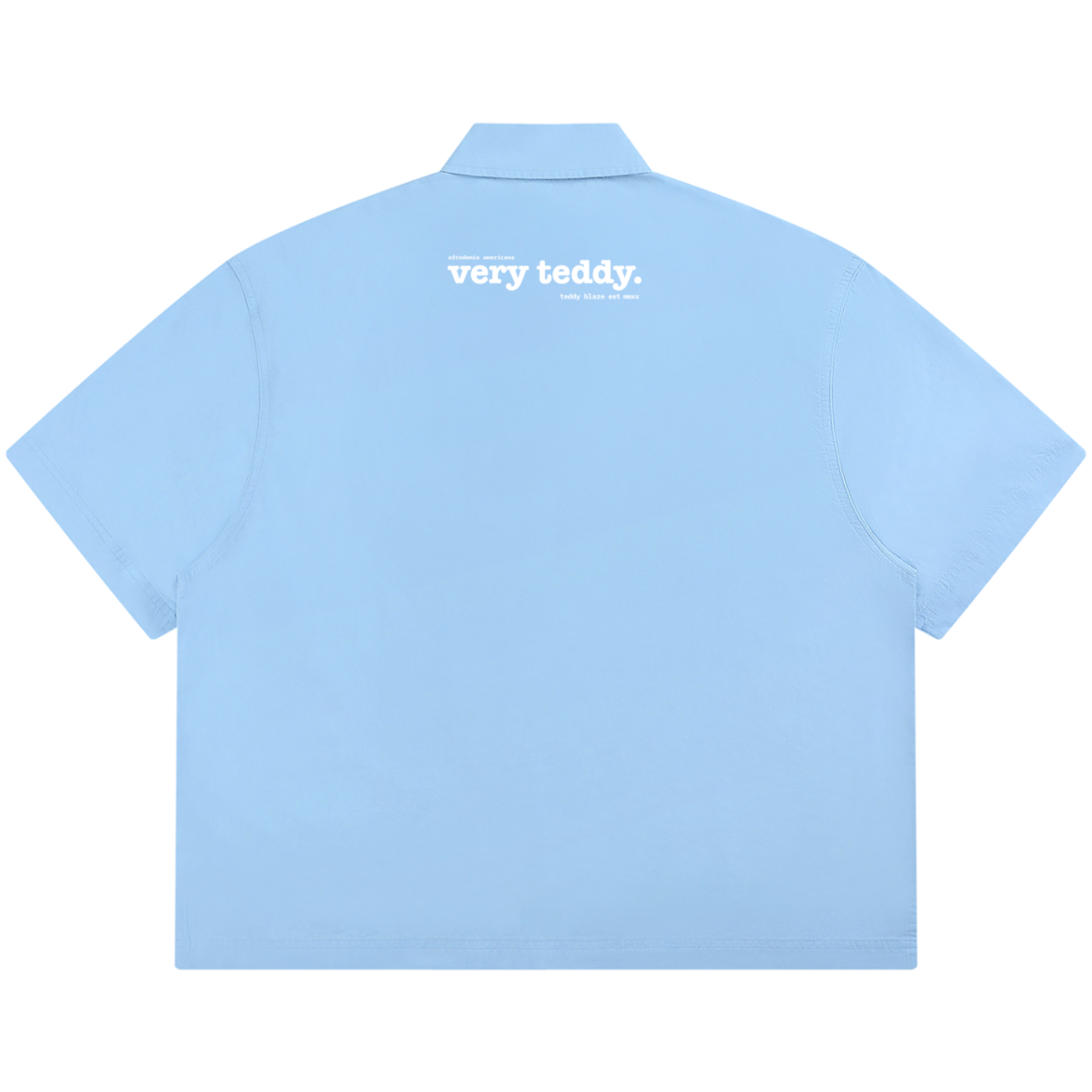 Powder-blue 100% cotton boxy Cubano shirt with twin Afrodemia graphics, relaxed unisex proportions and signature VERY TEDDY back branding.
