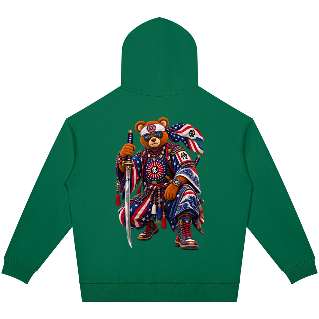 Shop the Teddy Blaze Rising oversized heavyweight hoodie featuring Gye Nyame and Teddy Blaze Samurai artwork in a bold Afrodemia Americana cultural fusion.