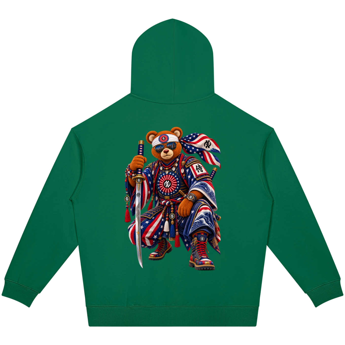 Shop the Teddy Blaze Rising oversized heavyweight hoodie featuring Gye Nyame and Teddy Blaze Samurai artwork in a bold Afrodemia Americana cultural fusion.