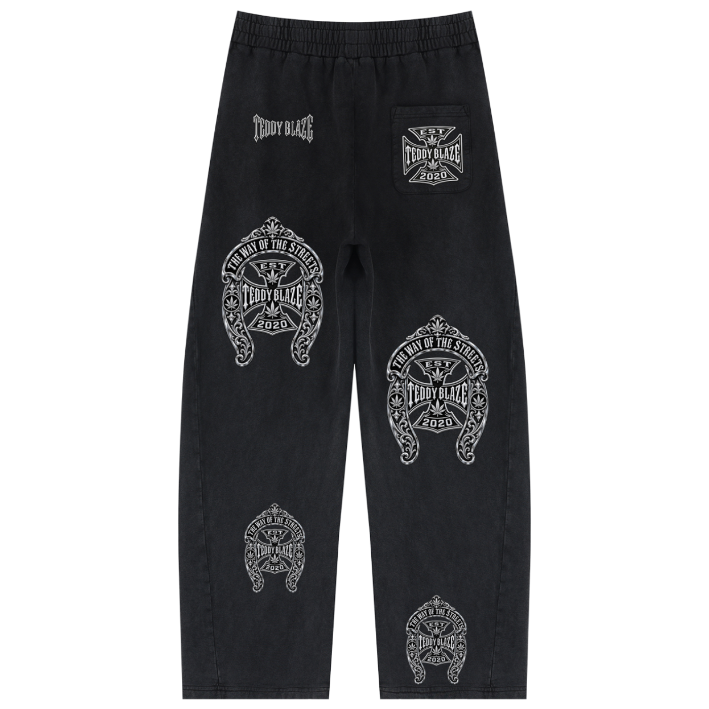 Black sweatpants with multiple white graphic prints and logos, including 'Crazy Dog' and skull designs, shown flat against a white background.