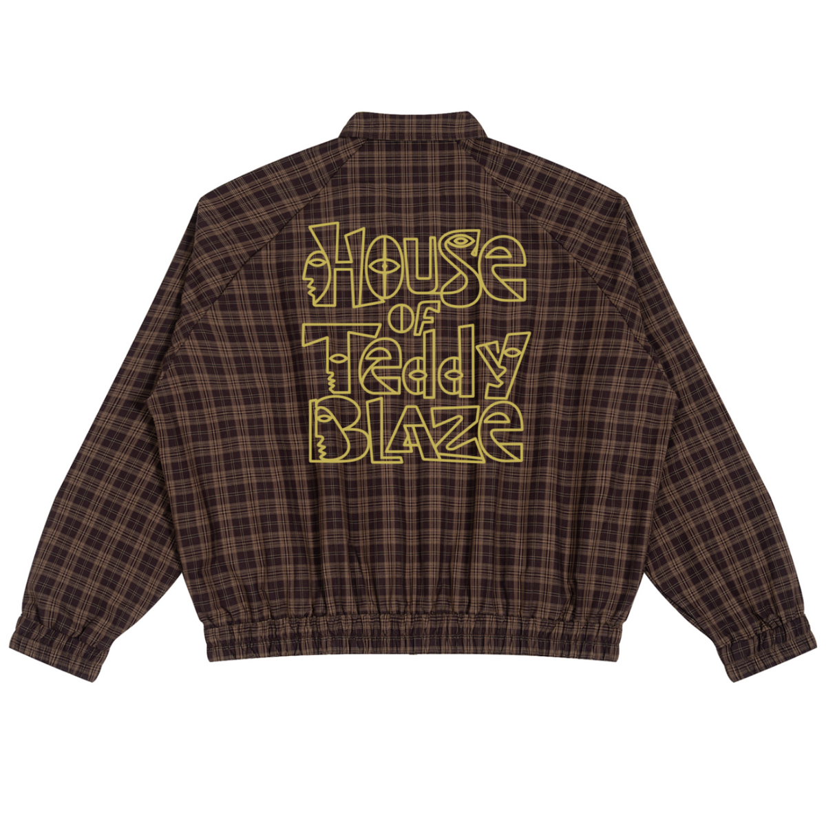 A brown and black plaid jacket shown from the back, featuring a large yellow graphic text print that reads 'House of Teddy Blaze'.