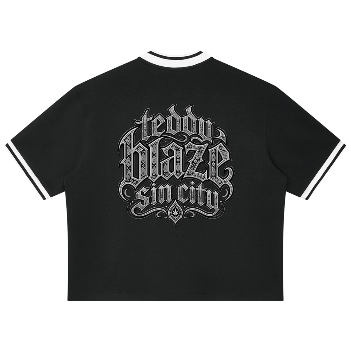 Elevate your sporty layers with the Teddy Blaze Sin City Sacred Baseball Jersey. Black stretch-cotton button-up jersey, contrast ribbed trim, and tattoo praying hands graphic. Shop NYC to Vegas style.