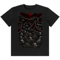A black short-sleeve crewneck t-shirt featuring a detailed graphic print of a map of Iran with skulls, graves, and red text, displayed against a solid white background.
