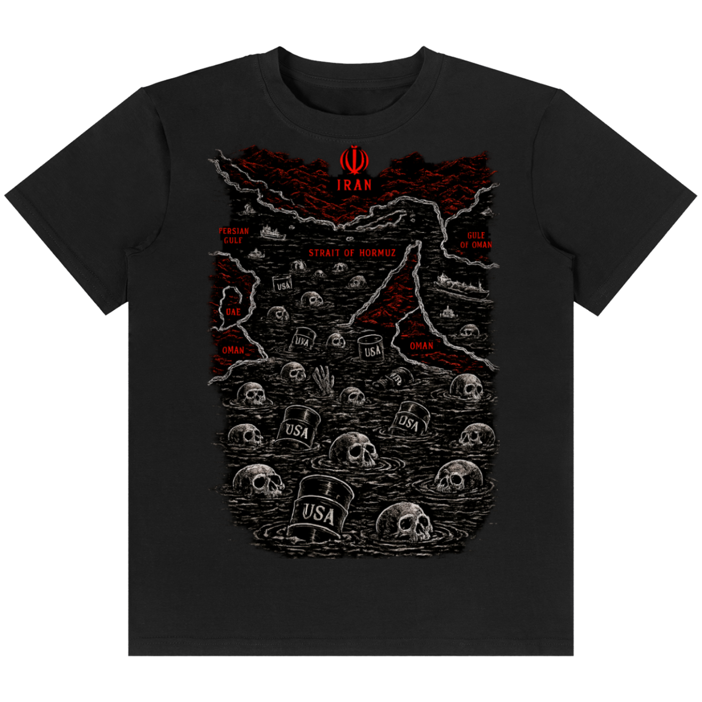 A black short-sleeve crewneck t-shirt featuring a detailed graphic print of a map of Iran with skulls, graves, and red text, displayed against a solid white background.