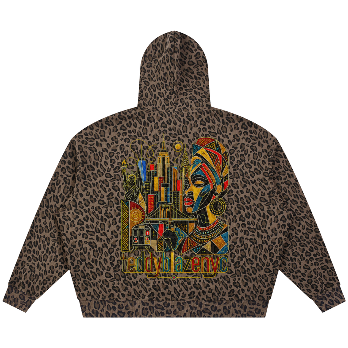 Elevate your hoodie game with the House of Teddy Blaze Afro Yorker Box Cut Leopard Print Hoodie. All-over leopard fleece 320 gsm hoodie, oversized box cut, kangaroo pocket, and Afrocentric NYC skyline back artwork. Shop NYC to Vegas style.