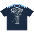 A navy blue short-sleeve t-shirt with a light blue collar and shoulder stripes, featuring a large white graphic of a samurai warrior and the text 'Fate/Grand Order' on the front.