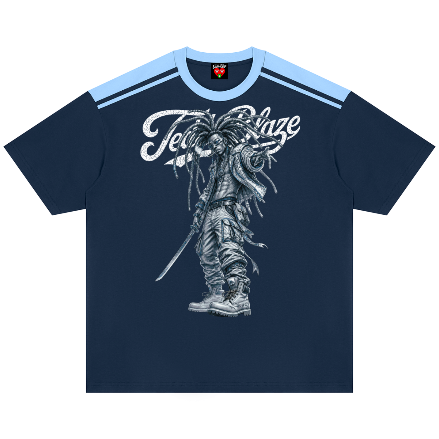 A navy blue short-sleeve t-shirt with a light blue collar and shoulder stripes, featuring a large white graphic of a samurai warrior and the text 'Fate/Grand Order' on the front.