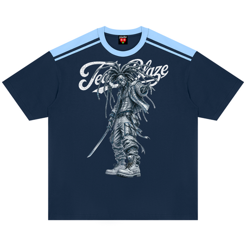 A navy blue short-sleeve t-shirt with a light blue collar and shoulder stripes, featuring a large white graphic of a samurai warrior and the text 'Fate/Grand Order' on the front.