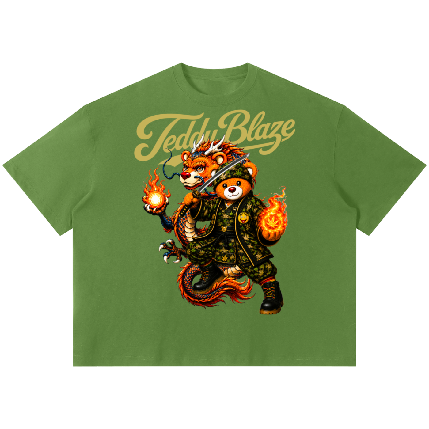 A green short-sleeve t-shirt featuring a graphic of two cartoon bears dressed in samurai armor with flames, and the text 'Teddy Blaze' in gold script above them, shown on a plain white background.