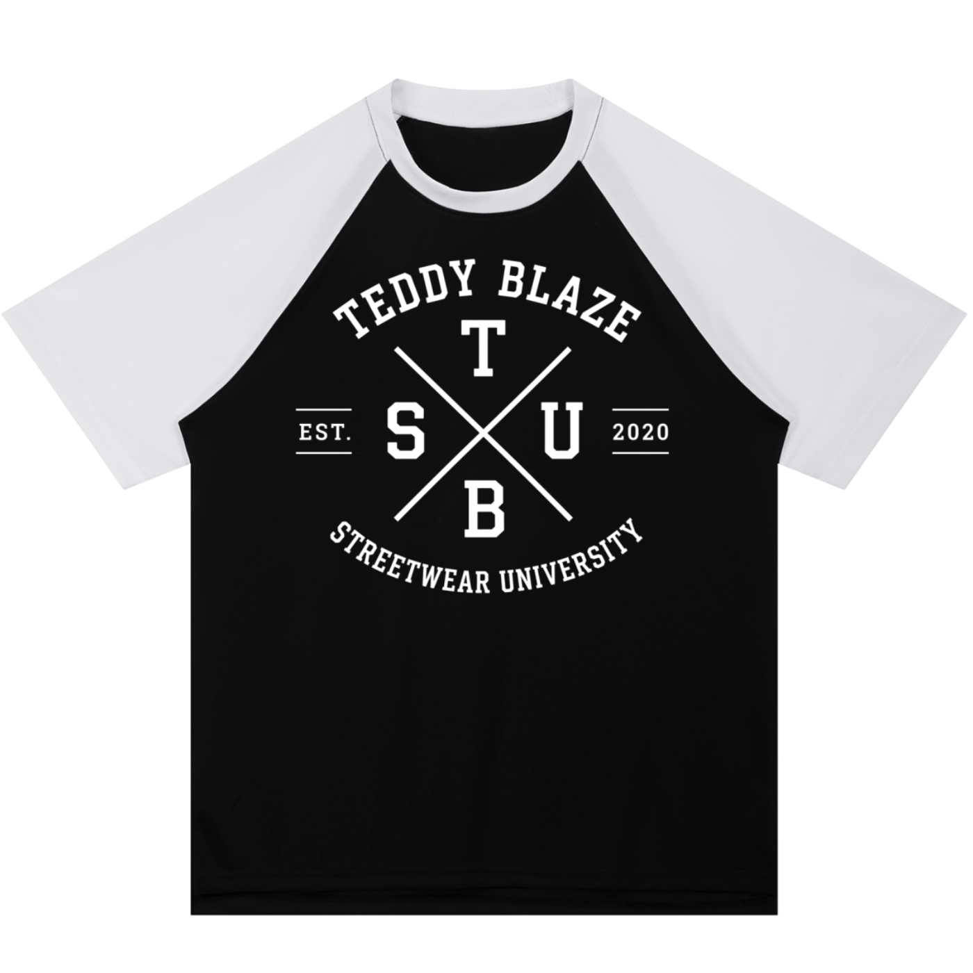 A black and white raglan baseball t-shirt with a white graphic print on the front reading 'TEDDY BLAZE', 'STREETWEAR UNIVERSITY', and 'EST. 2020'.