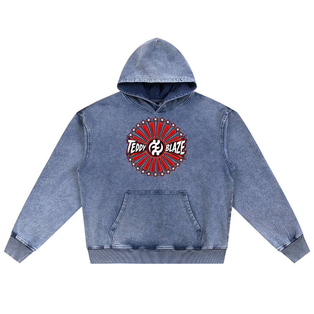 Shop the Teddy Blaze Brand Rising Snow Wash Oversized Denim Hooded Jumper featuring bold Brand Rising graphics, Teddy Blaze Samurai artwork and a heavyweight oversized fit.